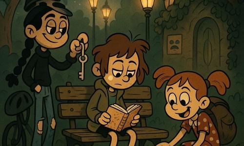 Drie meisjes: Tess (±11) met korte kastanjebruine haren, crèmevlek op de wang, versleten kaki-jas en een vergeeld schetsboek zittend voorover op een houten bankje; Noor (±12) met lange zwarte vlechten, gescheurde jeans, fietshelm aan het stuur, staand links met een hand in de zak en een glanzende metalen sleutel in de andere, kijkend naar de sleutel; Mira (±10) met rood haar in staarten, bol rugzak, stippenjurk en kleurrijke sneakers, gehurkt rechts en een koekjestrommel openend met een trillend giecheltje erin. Locatie: een geheim parkhoekkie bij schemer, vochtige grassprietjes, brede donkere bladeren boven, vintage lantaarns op de achtergrond, mos op het bankje en een oude klimmuur met een smalle kier die naar een magische deur verwijst. Situatie: de drie ontdekken onder het bankje 