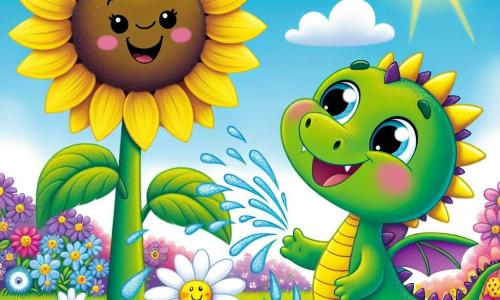 Un piccolo drago verde di nome Lino, con scaglie brillanti e occhi scintillanti di gioia, vola sopra un giardino colorato, sorridente e radioso di felicità. Accanto a lui, un grande girasole giallo, con un volto amichevole e petali luminosi, alza le sue foglie verso il cielo, esprimendo gratitudine e gioia. Una margherita bianca, piccola e delicata, si trova vicino al girasole, con un sorriso radioso, mentre raccoglie foglie da terra. Il giardino è pieno di fiori vibranti dai colori vivaci: rose, violette e blu, e il sole splende intensamente in un cielo azzurro chiaro, creando un'atmosfera estiva gioiosa. Lino, il drago, annaffia i fiori con il suo soffio d'acqua, mentre i fiori danzano attorno a lui, celebrando la loro amicizia e la bellezza dell'estate.