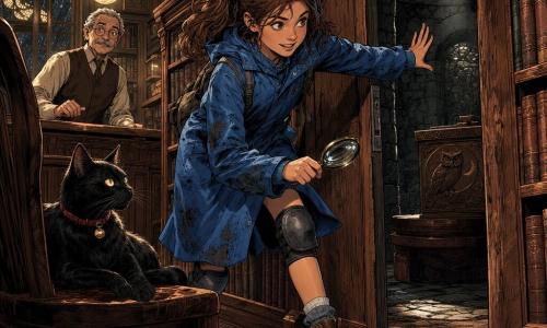 Ragazza di 12 anni, sguardo meravigliato e determinato, capelli castani in due codini, giacca impermeabile blu bagnata di pioggia, tiene una piccola lente in vetro con una mano e con l’altra preme una porta di legno di un passaggio segreto, piegata in postura dinamica; uomo adulto bibliotecario di circa 60 anni, volto rugoso con baffi sottili e occhiali rotondi, camicia beige e gilet marrone, sta dietro il banco osservando con gentilezza; gatto nero dagli occhi gialli e collare rosso sdraiato su una sedia vicino a uno scaffale come se guidasse la ragazza; interno: grande biblioteca antica con alti scaffali di legno scuro pieni di libri consumati, lampade sospese tonde simili a lune, tappeto stretto in pergamena e raggi di luce calda; la ragazza ha trovato una porta nascosta tra due scaffali: un pannello parzialmente aperto rivela un passaggio in pietra scura e una piccola stanza rotonda con una scatola di legno intagliata con un gufo e una luna; è il momento in cui usa la lente per leggere un’iscrizione sulla porta, emozionata e con un lieve brivido d’avventura.