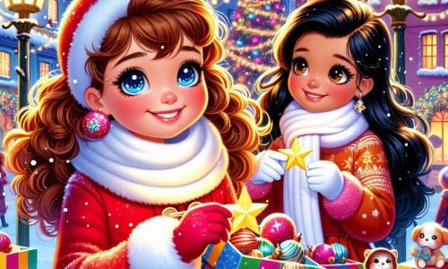 Una niña de 8 años, Clara, con cabello castaño rizado y ojos brillantes como estrellas, está en el centro de la escena, sonriendo radiante. Lleva un abrigo rojo vivo, una bufanda blanca de lana y guantes a juego, mientras sostiene una estrella de papel brillante en sus manos. A su lado, Lucía, también de 8 años, con cabello negro liso y mejillas sonrojadas, mira a Clara con admiración, sosteniendo una caja colorida llena de decoraciones navideñas. El escenario es una encantadora plaza de pueblo, cubierta de una espesa capa de nieve brillante, con faroles de hierro forjado iluminando la noche. Al fondo, un gran abeto se alza majestuosamente, decorado con guirnaldas luminosas y bolas de colores, mientras copos de nieve caen suavemente del cielo estrellado. La escena principal muestra a Clara y Lucía decorando juntas el árbol de Navidad, riendo y compartiendo momentos de alegría, rodeadas de una atmósfera festiva y cálida, simbolizando la amistad y el perdón.