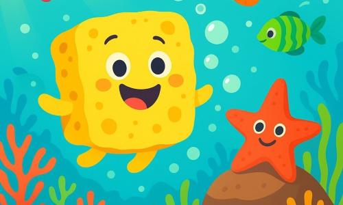 Spugnetta, una spugna di mare gialla e morbida, galleggia allegramente nell'acqua turchese, con un grande sorriso sul viso rotondo e occhi scintillanti di eccitazione. Fa bolle intorno a sé, circondata da piccoli pesci colorati che nuotano in cerchi, le loro squame brillanti scintillano sotto i raggi del sole. Accanto a Spugnetta c'è un'astice rosso, sorridente e curiosa, che osserva le bolle con meraviglia. È posata su una roccia, con i suoi bracci che si estendono verso l'acqua. Il fondale marino è pieno di coralli multicolori, piante acquatiche ondeggianti e piccole conchiglie, creando un paesaggio vibrante e vivo. Raggi di luce filtrano attraverso la superficie dell'acqua, illuminando la scena con una dolce luce dorata. In questa situazione principale, Spugnetta e i suoi amici esplorano gioiosamente il mondo sottomarino, scoprendo la bellezza delle creature marine e giocando insieme tra le onde.