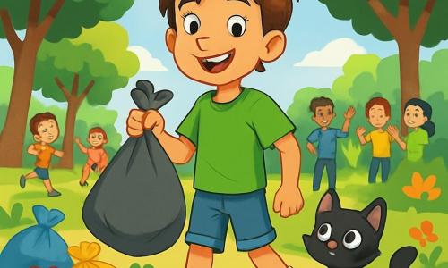 În centrul imaginii, un băiat de 12 ani, Andrei, cu părul castaniu și un zâmbet strălucitor, poartă un tricou verde aprins și o pereche de pantaloni scurți din denim. El ține un sac mare de gunoi și pare hotărât și vesel, pregătit să facă o diferență. Lângă el, o pisicuță neagră cu ochi strălucitori, Negruța, cu blană lucioasă, îl privește pe Andrei cu admirație, cu urechile ridicate, arătându-și entuziasmul pentru aventură. În fundal, un parc verde cu copaci cu frunze, flori colorate și copii care se joacă. Sacii de gunoi multicolori sunt împrăștiați în jurul lor, în timp ce vecini curioși se adună pentru a-i ajuta. Scena emană o atmosferă de camaraderie și speranță, cu raze de soare filtrându-se printre frunze, iluminând zâmbetul personajelor. Situația principală arată cum Andrei și Negruța adună gunoi pentru a curăța parcul, inspirând pe alții să li se alăture în misiunea lor ecologică.