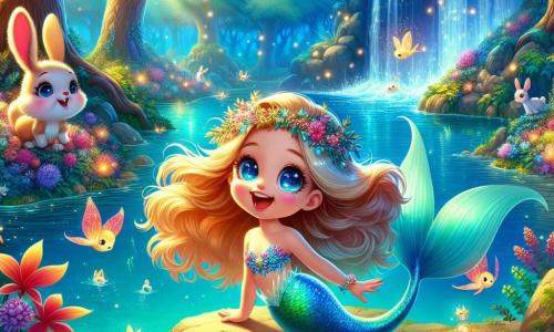 In a magical scene, a mermaid named Melody, a young girl with long wavy hair shimmering in golden and turquoise hues, joyfully swims in crystal-clear water. Her face radiates excitement and curiosity, with her large, bright eyes reflecting sunlight. She explores a vibrant underwater world, surrounded by colorful corals and multicolored fish dancing around her. Nearby, a small rabbit named Binky, a boy with big ears and soft white fur, watches Melody from a rock, sitting with a look of wonder and holding a small flower in his paws. A fox named Rusty, a young boy with bright orange fur and mischievous eyes, stands a little further away, fascinated by the beauty of the mermaid as he sneaks through the bushes, ready to join the adventure. The scene takes place in an enchanted forest, where majestic trees with shimmering leaves surround a sparkling waterfall. The water cascades into a clear pool, surrounded by glowing flowers and fireflies illuminating the area with a soft glow. In this illustration, Melody, Binky, and Rusty are preparing to embark on an adventure together, symbolizing friendship and the magic of unexpected encounters in a fantastical world.