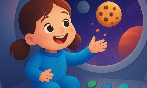 Mia, a 6-year-old girl, smiles joyfully and looks amazed in a shiny blue spacesuit and red boots with brown pigtails, holding a floating golden cookie in front of a large round window; crumbs drift in the small silver rocket cockpit with smooth walls, colorful green and blue buttons, soft lights and a cozy atmosphere, while outside the window a pale gray moon, a large red-orange planet, twinkling stars and a purple nebula are visible; visual style: bright contrasting colors, simple shapes, soft outlines, smooth textures and a warm, toddler-friendly rendering.