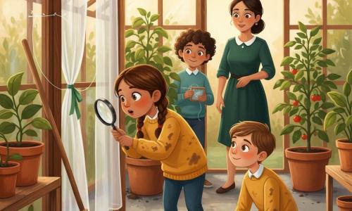 O fată de 8 ani, păr brun în două codițe, privire concentrată și curioasă, poartă un pulover galben muștar pătat de pământ și ține o lupă lângă o panglică verde prinsă; se apleacă spre o perdea albă translucidă. Un băiat de 8 ani (Darius), păr scurt castaniu, expresie admirativă, poartă o geacă albastră și stă lângă podea privind o urmă mică de pământ. Un băiat de 9 ani (Vlad), păr creț, rușinat și ușor zâmbitor, ține o cutiuță cu un ghem de fir transparent și stă parțial ascuns în spatele unui ghiveci mare cu roșii. O învățătoare adultă, zâmbitoare, păr prins la spate, poartă o rochie verde închis și supraveghează scena lângă ușă. Seră mică de sticlă, lumină caldă filtrată, plante cu frunze lucioase și ghivece de teracotă pe rafturi, podea de ciment cu urme ușoare de pământ și o perdea subțire albă la ușă. Moment principal: descoperirea panglicii verzi prinsă de rama ușii și de o mătură, fir transparent lipit, expresii de mirare și compasiune, atmosferă blândă și curioasă, culori vii și texturi (pământ, sticlă, material).