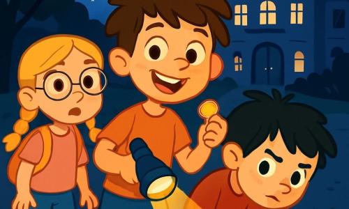 A 6-year-old boy, Ollie, with messy brown hair and a big curious smile, holds a flashlight in one hand and a golden button in the other. His eyes shine with excitement and adventure. Next to him, Mia, a 6-year-old girl with braided blonde hair and round glasses, looks around with an intrigued expression. Max, a 6-year-old boy with black hair and freckles, leans forward, scanning the ground as if searching for something. The setting is a dark schoolyard, with trees having dark leaves and a large school building in the background, illuminated by moonlight. Mysterious shadows dance on the walls, and stars twinkle in the night sky. Ollie, Mia, and Max stand together, ready to search for a secret blue door, with determined expressions on their faces, surrounded by mystery and excitement, eager to solve the puzzle ahead.