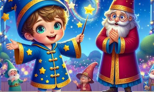 A five-year-old boy named Alex is an apprentice wizard with sparkling green eyes and a bright smile. He wears a small blue wizard robe adorned with golden stars and holds a shiny magic wand in his hand. He stands on a wooden stage with his arms raised, showing joy and excitement on his face. Next to him is a small wizard named Professor Whiskers, an elderly man with a long silver beard and a pointed hat, enthusiastically applauding. He wears a red wizard robe and has a kind expression, standing slightly back to encourage Alex. The setting is an enchanted garden filled with colorful flowers swaying with magic, under a blue sky dotted with fluffy clouds. Twinkling lights surround the stage, creating a festive atmosphere. The main scene shows Alex casting a magical spell, making a bright rainbow appear in the sky, while sparkling stars float around him, amazing the audience of wizards and witches surrounding him.