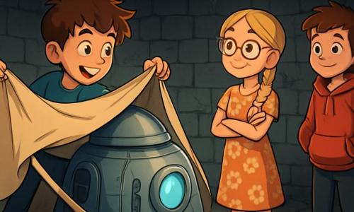 There are three characters: Max, a 12-year-old boy with messy brown hair and sparkling curious eyes, wearing a blue t-shirt and jeans, pulling on a large cloth covering a mysterious device in a dark basement; Lily, a 12-year-old girl with long braided blonde hair and round glasses, wearing a floral dress, observing in wonder with her arms crossed, ready to encourage Max; and Jake, a 12-year-old boy with brown hair and a mischievous smile, wearing a red hoodie, standing slightly back with his hands in his pockets but looking excited to approach the mysterious device. The main setting is an old, dusty basement with gray stone walls and creaking wooden beams, cobwebs in the corners, and forgotten objects scattered around, creating a mysterious atmosphere. In the center, a large metallic device, shining under the dim light, seems ready to reveal its secrets. The main situation shows Max pulling the cloth to unveil the device, while Lily and Jake watch eagerly. The device, resembling a mix of a time machine and a spaceship, emits a mysterious blue glow, promising an incredible adventure to those who dare to use it.