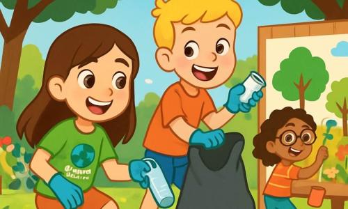 Uma menina de 10 anos, chamada Ana, com longos cabelos castanhos e olhos brilhantes de determinação, usa uma camiseta verde com a inscrição "Eu protejo meu planeta". Ela sorri alegremente enquanto coleta lixo em um parque ensolarado, cercada de verde. Ao lado dela, seu melhor amigo Pedro, um garoto de 10 anos com cabelo curto e loiro, segura um grande saco de lixo e ri ao mostrar um resíduo que encontrou. Mais adiante, Maria, uma menina de 10 anos com cabelos cacheados e óculos, pinta um mural colorido em um painel de madeira, representando árvores e flores, enquanto incentiva os outros a participar. O parque está cheio de grandes árvores de folhas verdes brilhantes, flores coloridas e grama bem cuidada, com crianças e adultos se reunindo para ajudar na limpeza. A cena principal mostra Ana e seus amigos em ação, sorridentes e motivados, coletando lixo e conscientizando os transeuntes sobre a importância da proteção ambiental, criando uma atmosfera de camaradagem e alegria.