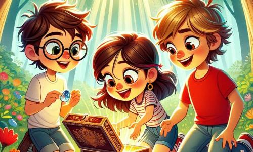 Em uma clareira ensolarada, três amigos estão reunidos. Ana, uma menina de 8 anos com longos cabelos castanhos e óculos redondos, segura uma pedrinha brilhante na mão, seu rosto iluminado pela excitação. Ao seu lado, Miguel, um menino de 7 anos com cabelos loiros bagunçados e uma camiseta vermelha, observa a pedrinha com olhos arregalados. Léo, um menino de 8 anos com cabelos castanhos e um sorriso travesso, se inclina para examinar uma caixa de madeira decorada com padrões florais, que está no centro da clareira. A clareira é cercada por árvores majestosas com folhas verdes vibrantes, e flores coloridas dançam suavemente ao vento. Os três amigos descobrem uma caixa misteriosa cheia de pedrinhas brilhantes e debatem sua origem, sorrindo e rindo juntos, prontos para desvendar o mistério desses tesouros escondidos.
