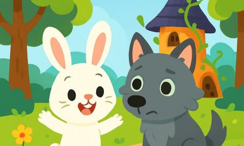 A small rabbit with large ears and soft white fur stands joyfully at the center of the scene, its bright eyes filled with excitement. It smiles widely, its little paws raised, ready to help its new friend. Next to it, a large gray wolf with gentle, sad eyes looks at the rabbit with hope, its relaxed posture showing it is not threatening. The setting is a sunny clearing surrounded by majestic trees with vibrant green leaves, dotted with colorful flowers dancing in the wind. In the background, a twisted, vine-covered witch's house adds a touch of mystery to the environment. The scene captures the moment when the rabbit and the wolf stand side by side, ready to face the witch together, illustrating their budding friendship and courage in the face of the unknown.