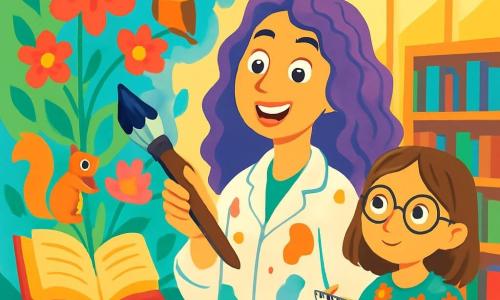 An artist, Miss Melody Brush, is at the center of the scene, with a radiant smile and sparkling eyes full of excitement. She has long, curly, purple-dyed hair and wears a white blouse splattered with colorful paint. She is holding a large brush, painting a beautiful mural on the library wall. Next to her, an 8-year-old girl, Clara, with brown hair and round glasses, watches in awe. She is wearing a floral dress and holding a sketchbook, ready to draw her ideas. The setting is a sunny library with large windows letting in golden light. The wall Miss Melody is painting is filled with bright colors, depicting a magical garden where books bloom like flowers, surrounded by curious animals like squirrels and owls. The main scene shows Miss Melody painting passionately while Clara, captivated, sketches ideas in her notebook. The atmosphere is joyful and creative, filled with vibrant colors and the energy of art in the making.