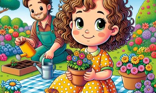 Uma menina de 6 anos, Lúcia, com cabelos cacheados e um grande sorriso, está sentada em um jardim colorido, cercada por flores vibrantes. Ela usa um vestido amarelo de bolinhas e parece feliz, segurando um pequeno vaso de terra com uma flor que acabou de plantar. Ao lado dela, sua mãe, uma mulher na casa dos trinta anos com cabelos longos e castanhos, sorri enquanto a observa, vestindo um avental e segurando um regador. O pai de Lúcia, um homem de cerca de 35 anos com cabelo curto e barba leve, está de pé um pouco mais longe, preparando um pequeno piquenique em uma toalha xadrez. O jardim está repleto de flores coloridas, árvores verdes e um céu azul claro, criando uma atmosfera alegre e acolhedora. A cena principal mostra Lúcia e seus pais compartilhando um momento de felicidade em família, cultivando flores juntos e fortalecendo seus laços.