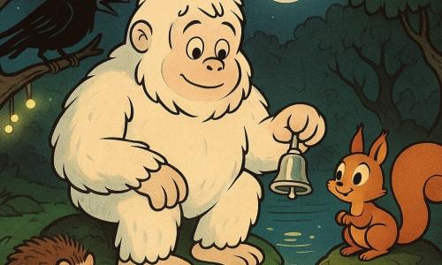 Un yeti numit Morm, mare și rotund, cu blană albă deasă, ochi blânzi și urechi mici, ține delicat un clopoțel perlat argintiu între degetele sale și îl face să sune deasupra apei; o veveriță femelă, Pufi, mică și roșcată cu coadă pufoasă, stă pe o piatră la dreapta yetiului și privește clopoțelul cu uimire; un arici numit Țepișor, o biluță mică cu țepi bruni, e strâns lângă laba stângă a yetiului; un corb negru, Ecouț, cu pene lucioase, stă pe o creangă joasă la stânga; locul este un mic iaz circular cu apă ca oglinda, maluri acoperite de mușchi verde smarald, nuferi și pietre mușcate, licurici galbeni plutind ca niște luminițe, iar peisajul de noapte, cu o lună palidă, are arbori torsionați, culori pastelate contrastate de nuanțe adânci și reflexii argintii, iar undele luminoase plecate de la clopoțel și chipurile liniștite creează o atmosferă caldă și magică.