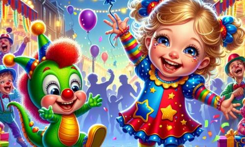 Una niña de 2 años, Clara, con grandes ojos brillantes y una sonrisa radiante, lleva un bonito disfraz de carnaval en colores vivos: rojo, azul y amarillo. Ella baila alegremente, con los brazos levantados hacia el cielo, rodeada de confeti colorido que cae a su alrededor. Junto a ella, un payaso feliz, de aproximadamente 5 años, con una nariz roja y cabello rizado multicolor, hace muecas y sostiene un globo en forma de estrella. Se inclina hacia adelante, riendo con Clara. Un pequeño dragón verde, con escamas brillantes y grandes ojos curiosos, vuela ligeramente sobre ellos, con sus alas brillantes reflejando las luces del carnaval. El decorado es una calle animada, adornada con guirnaldas luminosas y puestos coloridos, donde la gente ríe y baila. La situación principal muestra a Clara y sus amigos celebrando el carnaval, rodeados de música y risas, todos unidos en la alegría de este día mágico.