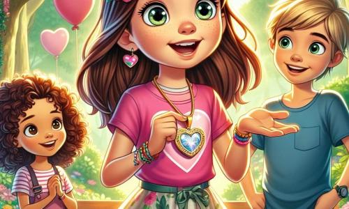 Clara, una niña de 11 años, está en el centro de la imagen, con largos cabellos castaños y ojos llenos de curiosidad. Lleva una camiseta rosa con un corazón dibujado y una falda de flores. Su rostro expresa gran emoción mientras sostiene un colgante en forma de corazón en sus manos, rodeada de sus amigos. Tomás, un niño de 11 años, está a su derecha, con cabello corto y rubio, vistiendo una camiseta azul. Sonríe mientras hace un gesto con la mano, como si propusiera una idea. Sofía, una niña de 10 años, está a la izquierda de Clara, con cabello rizado y un vestido colorido. Mira el colgante con asombro, sus ojos brillan de alegría. La escena ocurre en un parque soleado, lleno de flores coloridas y grandes árboles verdes. Hay globos en forma de corazón flotando en el aire y una gran mesa con pasteles y tarjetas de San Valentín. Clara y sus amigos celebran el Día de San Valentín, intercambiando tarjetas y risas, creando un ambiente alegre y festivo.
