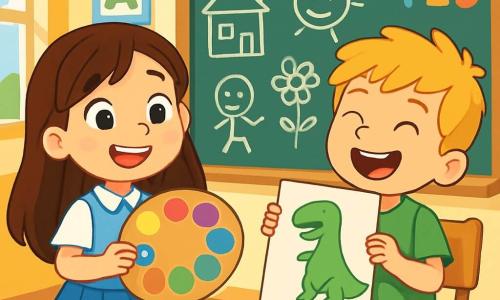 Una niña de 6 años, Lucía, con largos cabellos castaños y ojos llenos de curiosidad, sonríe alegremente sosteniendo una gran paleta de colores. Lleva un uniforme escolar azul claro, con una falda plisada y una camiseta blanca, rodeada de lápices de colores esparcidos sobre una mesa. Junto a ella, un niño de 6 años llamado Tomás, con cabello rubio despeinado y una camiseta verde con un dinosaurio, ríe mostrando su dibujo de un gran dinosaurio. Está sentado en una silla de madera, ligeramente inclinado hacia Lucía, compartiendo su entusiasmo. La ilustración tiene lugar en un aula luminosa, con paredes pintadas de amarillo y ventanas que dejan entrar la luz del sol. Carteles coloridos de letras y números decoran las paredes, y un gran pizarrón negro se encuentra al frente de la clase, lleno de dibujos de niños. La situación principal muestra a Lucía y Tomás trabajando juntos en un gran mural de bienvenida, llenando el lienzo de dibujos vibrantes y colores brillantes, simbolizando su alegría y amistad naciente.