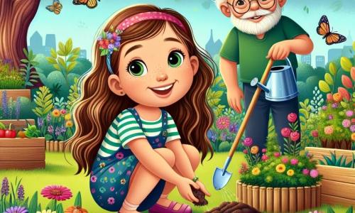 Una ragazza di 8 anni, Sofia, con lunghi capelli castani e occhi pieni di curiosità, è accovacciata in un giardino lussureggiante, circondata da fiori colorati e piante verdi. Sorride con entusiasmo, tenendo una piccola pala in una mano e un annaffiatoio nell'altra. Accanto a lei, il nonno, un uomo anziano con barba bianca e occhiali rotondi, sorride orgoglioso mentre le mostra come usare un sistema di irrigazione a goccia, stando leggermente indietro. Il giardino è un vero e proprio quadro vivente, con alberi maestosi, farfalle che svolazzano attorno ai fiori e un piccolo compost in legno sullo sfondo, dove resti di frutta e verdura si trasformano in terra fertile. La scena emana un'atmosfera di gioia e cooperazione, illustrando l'amore per la natura e l'importanza della protezione dell'ambiente. Sofia e il suo nonno stanno lavorando insieme per prendersi cura del loro giardino, creando un momento magico ed educativo.