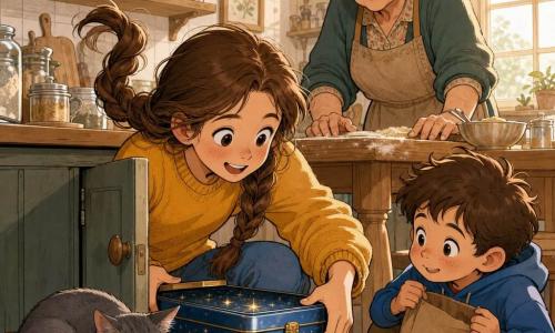 Una bambina di 10 anni, sguardo attento e sorridente, capelli castani in lunga treccia in movimento, occhi grandi e curiosi, con maglione giallo senape e jeans, ha appena aperto un mobiletto basso e tende la mano verso una scatola di metallo blu decorata con stelle dorate; una donna anziana (nonna, circa 70 anni), volto rugoso e benevolo, capelli grigi raccolti in chignon, è dietro di lei vicino a un tavolo di legno con le mani sul piano, sguardo tenero e sollevato; un bambino di 8 anni (Tommi), basso, capelli castani arruffati e guance rosate, tiene un sacchetto di carta con una stella disegnata, è accovacciato accanto alla bambina, un po' imbarazzato ma felice; un gatto grigio (Nebbia) arrotolato su una coperta vicino al mobiletto con una zampa su un bottone blu caduto dal divano; cucina calda e luminosa con piastrelle chiare, tavolo di legno con farine e utensili, scaffali pieni di barattoli di vetro, luce soffusa da una finestra a piccoli riquadri e una scia di briciole e farina verso il mobiletto; scena principale: scoperta della scatola di stelle in un mobiletto basso, atmosfera di sorpresa gioiosa e complicità, composizione centrata sulla scatola blu brillante, volti espressivi e colori caldi con texture di legno e metallo.