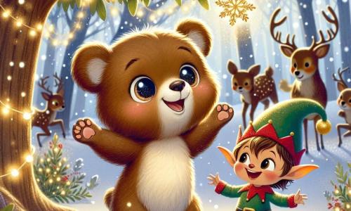 Un piccolo orso bruno di nome Bruno, con un pelliccia morbida e occhi scintillanti di curiosità, danza gioiosamente sotto un grande albero decorato con luci scintillanti e bacche rosse. Sorride ampiamente, con le zampe sollevate in aria, mentre fiocchi di neve cadono attorno a lui. Accanto a lui, un piccolo elfo di nome Elio, con un cappello a punta verde e lunghe orecchie, ride tenendo una ghirlanda di luci, aggiungendo un tocco di magia alla scena. Il paesaggio è una foresta incantata, con alberi coperti di neve brillante e una dolce luce dorata che emana dall'albero di Natale al centro della scena. Bruno ed Elio celebrano insieme la magia del Natale, circondati da luce e gioia, condividendo un momento di felicità e amicizia in questo luogo fiabesco.