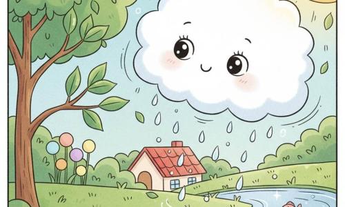 Una pequeña nube blanca y esponjosa (protagonista) con ojos grandes y sonrisa tímida, inclinada hacia delante, deja caer pequeñas gotas brillantes como perlas; un árbol joven y delgado a la izquierda, de hojas verde tierno que relucen, las acoge con ramas inclinadas; un arroyo claro y plateado abajo a la derecha, con peces de colores que saltan, brilla al recibir las gotas; bajo la nube se ve un techo de tejas rojas que da escala; el sol parcial arriba a la derecha proyecta luz cálida dorada, y el viento se insinúa con líneas curvas y hojas que se estremecen; lugar: jardín íntimo y colorido junto a una casita de techo rojo, césped suave, pocas flores, paleta pastel y contornos redondeados; situación: lluvia ligera y delicada que toca el árbol y el arroyo sin empaparlos, escena calma y tierna.
