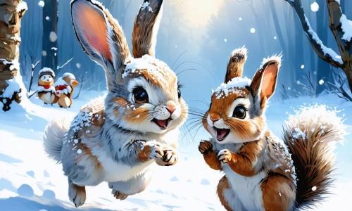 Un joven conejo de grandes orejas, con un pelaje suave y blanco como la nieve, salta alegremente en un paisaje invernal, sus ojos brillando de emoción y una gran sonrisa en su rostro. Junto a él, una pequeña ardilla de pelaje rojizo, con una cola espesa, ríe mientras rueda una bola de nieve, sus mejillas rosas delatando su entusiasmo. El escenario es un hermoso bosque nevado, donde los árboles están cubiertos de un espeso manto de nieve brillante, y copos de nieve caen suavemente del cielo azul claro. A lo lejos, un pequeño estanque medio congelado refleja la luz del sol, añadiendo un toque mágico a la escena. La situación principal muestra al conejo y a la ardilla construyendo un gran muñeco de nieve, rodeados de sus amigos animales, todos riendo y divirtiéndose juntos, creando un momento de alegría y amistad en pleno invierno.