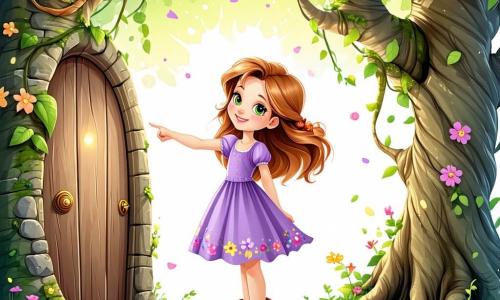 A 9-year-old girl named Lila, with flowing auburn hair and sparkling green eyes, stands in the center of an enchanted clearing, her face radiant with excitement and curiosity. She wears a purple dress adorned with colorful flowers and brown boots, holding an open storybook in one hand and pointing at an ancient tree with a wooden door. Beside her, Pippin, a small magical being with a rabbit's body and shimmering butterfly wings, joyfully flutters around her, his eyes gleaming with mischief. In the background, a wise owl named Tilly perches on a branch, observing the scene with a kind gaze, ready to share ancient tales. The clearing is surrounded by majestic trees with luminous leaves, and multicolored flowers carpet the ground, creating a fairy-tale atmosphere. Sunbeams filter through the foliage, bathing the scene in a soft golden light. Lila and Pippin are preparing to enter the mysterious tree, where a magical adventure awaits, while Tilly encourages them with a wise smile, creating an atmosphere of anticipation and camaraderie.
