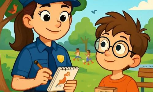 O tânără polițistă, Maria, stă într-un parc însorit, cu un zâmbet hotărât și ochi strălucitori de curiozitate. Poartă o uniformă bleu marin bine ajustată, cu o curea unde îi este prinsă insigna strălucitoare. Părul ei castaniu este prins într-o coadă de cal îngrijită, iar în mână ține un carnet de notițe, pregătită să scrie. Lângă ea se află Darius, un băiat de 10 ani cu părul castaniu în dezordine și ochelari mari rotunzi. El o privește pe Maria cu admirație, ținând în mâini o cutie mică de semințe de floarea-soarelui, pregătit să-l atragă pe papagalul Coco. Parcul este verde, cu copaci mari, bănci din lemn și un lac strălucitor în depărtare. Copiii se joacă cu mingea pe iarbă, iar păsările cântă în crengi. Scena îi arată pe Maria și Darius în acțiune, căutându-l pe Coco, papagalul dispărut, în timp ce soarele strălucește, creând o atmosferă veselă și plină de aventură.