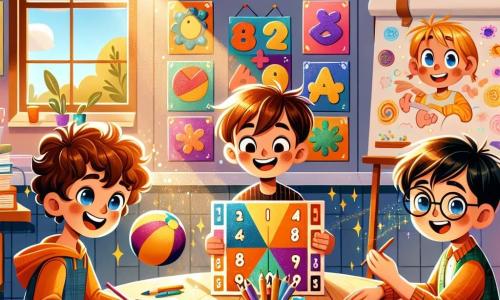 En un aula luminosa y colorida, vemos a cuatro niños. A la izquierda, **Dani**, un niño de 8 años con cabello rizado y una gran sonrisa, sostiene un tablero de juego colorido. A su lado, **Lucas**, un niño de 9 años con cabello castaño y gafas redondas, mira atentamente las reglas del juego que escribe en una hoja. En el centro, **Mateo**, un niño de 8 años con cabello corto y una gorra, juega con una pelota mientras se ríe. Finalmente, a la derecha, **Tomás**, un niño de 9 años con cabello castaño y un audífono, dibuja ilustraciones mágicas en su cuaderno, representando números animados. La clase está decorada con carteles coloridos sobre matemáticas y ciencias, con ventanas que dejan entrar la luz del sol, iluminando los rostros alegres de los niños. Las mesas de madera están dispuestas en círculo, y hay lápices y marcadores esparcidos a su alrededor. La situación principal muestra a los niños presentando su juego de mesa titulado 