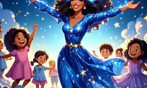 Super Starry, a heroic woman with sparkling star-like hair, wears a shiny blue costume adorned with twinkling stars. She smiles with determination, floating in the air with her arms open, ready to bring light. Beside her, a group of joyful children aged 6 to 8 watches in awe. A little girl with curly hair in a pink dress raises her arms in encouragement, while a boy in glasses and a green t-shirt claps enthusiastically. The scene takes place in the charming town of Twinkleton, where colorful houses with sloped roofs stand under a blue sky dotted with fluffy white clouds. Multicolored flowers line the cobblestone streets, and majestic trees sway gently in the breeze. The main situation shows Super Starry flying towards the clouds, asking them to part for the sun, while the children below watch with hopeful and excited faces.