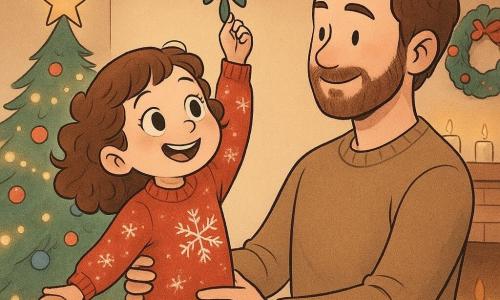 O fetiță de 4 ani, Mara, cu ochi mari sclipitori și păr brun cârlionțat, stă pe vârfuri, întinzând brațele pentru a agăța o crenguță de vâsc deasupra ușii. Ea are un zâmbet radiant și poartă un pulover roșu cu motive de fulgi de zăpadă. Lângă ea, tatăl său, un bărbat de treizeci de ani cu barbă moale și păr castaniu, o ajută ținând-o ușor de talie, zâmbind cu mândrie. Scena se desfășoară într-un living primitor, decorat de Crăciun, cu un brad strălucitor de ghirlande luminoase și decorațiuni colorate. Lumina blândă a lumânărilor și focul care trosnește în șemineu adaugă o atmosferă magică și primitoare.