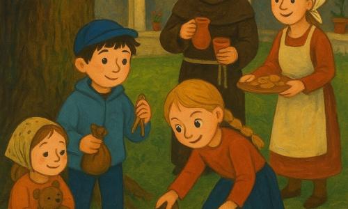 Ośmioletni chłopiec o okrągłej twarzy, rozczochranych brązowych włosach i nieśmiałym uśmiechu w niebieskiej czapce i lekkim płaszczu trzyma skórzany sakiewkę i notes stojąc przy dużym dębie; obok niego Zuzia (8 lat) w warkoczach, figlarna, pochyla się z wyłączoną latarką, pokazując kredowe ślady, po lewej Ola (6 lat) w jasnobrązowych włosach i starej chustce siedzi przy drzewie z pluszowym misiem, a za grupą stoi Maks (8 lat) z drewnianym cyrklem; nieco w tyle brat Tomasz (ok. 40 lat) w brązowej habitu nalewa herbatę do glinianych kubków, a siostra Anna (ok. 35 lat) w prostym fartuchu rozdaje ciasteczka; miejsce — kamienny krużganek z zaokrąglonymi łukami, zniszczone płytki, trawa wokół dębu, lampy olejne i donice, zmierzchowe, ciepłe światło jak w malarskiej gouache; atmosfera ciepła, dzieci dzielą odkrycie sakiewki i opowiadają swoją małą zagadkę, wyraźne detale jak biała kreda, czerwona nitka i zapisany notes.