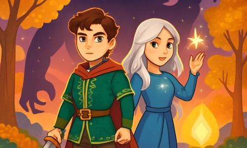 A young man, Prince Aiden, stands at the center of the image, with wavy brown hair and emerald eyes sparkling with determination. He wears a green velvet tunic adorned with golden patterns, and his face shows resolute bravery. Beside him is a young girl, Lyra, about 16 years old, with long silver hair and star-like bright eyes, raising her hand to release a spark of magic, her expression full of confidence and mystery. Their feet rest on a sparkling ground in the enchanted valley, where colorful flowers dance in a gentle breeze, and majestic trees with golden leaves rise around them. In the background, the Phoenix Stone shines brightly, emitting a warm light that illuminates the landscape. The main situation shows Aiden and Lyra preparing to face a massive shadow guardian, whose threatening silhouette looms behind them, creating palpable tension in the air. The sky is tinged with shades of purple and gold, adding a magical atmosphere to this heroic scene.