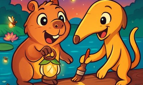 Tico, uma capivara jovem de pelagem castanho claro e grandes olhos brilhantes, está em um tronco de madeira acima de uma água cintilante, com uma expressão de excitação e impaciência. Ele segura uma pequena lanterna feita de folhas translúcidas, iluminando seu rosto sorridente. Ao lado dele, Lia, um tamanduá mirim de patas longas e focinho curioso, exibe um sorriso alegre enquanto pinta uma linha de segurança no tronco com um pequeno pincel, seus olhos brilhando de entusiasmo. Ao fundo, a cena acontece à beira de uma linda lagoa, cercada por flores de vitória-régia coloridas, sob um céu crepuscular onde as estrelas começam a brilhar. A situação principal mostra Tico e Lia se preparando para a travessia, cercados por lanternas de vagalumes que dançam ao redor, criando uma atmosfera mágica e calorosa, cheia de amizade e cooperação.