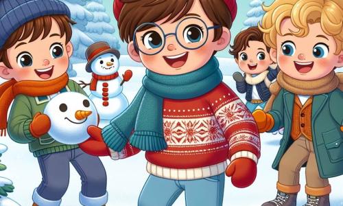 Three boys, Alex, Jamie, and Sam, around 10 years old, stand in the center of the scene. Alex, with brown hair and glasses, wears a big red sweater and a blue beanie, smiling joyfully while holding a snowball. Jamie, with curly blonde hair, is dressed in a green jacket and a yellow scarf, laughing as he prepares to throw a snowball at Alex. Sam, with brown hair and a mischievous smile, wears a navy coat and orange gloves, standing slightly back, ready to join the snowball fight. They are in a snowy park, surrounded by trees covered in sparkling snow, with a large smiling snowman in the background, adorned with a red scarf and a top hat. The sky is a clear blue with fluffy white clouds, and the ground is covered in a thick layer of snow, perfect for playing. The scene captures the joyful moment as the boys are about to engage in a snowball fight, their faces lit up with excitement and happiness, embodying the playful spirit of winter.