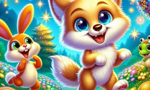 An illustration depicts a small wolf with fluffy golden fur, big sparkling eyes full of curiosity, and a mischievous smile. It is joyfully dancing in an enchanted clearing, surrounded by multicolored flowers that shine like stars. Nearby, a hyperactive rabbit with bright white fur and long droopy ears hops in rhythm, its face beaming with happiness and excitement. A little further away, a turtle with a shiny, colorful shell, wearing a wise and amused expression, claps and smiles, enjoying the show. The main setting is a magical clearing where luminescent flowers bloom under a bright blue sky, and a giant candy tree stands at the center, its branches overflowing with sparkling treats. The main scene shows the little wolf and its friends celebrating their victory after solving a riddle, in a festive atmosphere filled with laughter and bursts of color, creating a joyful and magical ambiance. Colorful bubbles float around them, and bursts of light emanate from the tree's candy, adding a whimsical touch to this cheerful and playful scene.