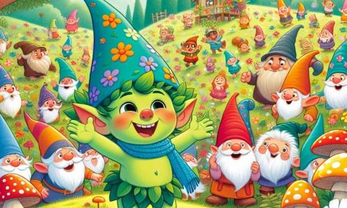 Trolínho, um pequeno troll verde com grandes orelhas em forma de folhas, usa um chapéu colorido e um cache-col azul. Ele tem um grande sorriso no rosto, transbordando alegria, e dança com entusiasmo no meio de um grupo de animais engraçados. Dona Coruja, uma sábia coruja com penas marrons e douradas, está empoleirada em um galho, observando com um olhar divertido, seus olhos redondos brilhando de curiosidade. O local é a Colina dos Gnomos, uma pradaria verdejante salpicada de flores coloridas e cogumelos, com gnomos alegres dançando ao redor de Trolínho, criando uma atmosfera festiva. A cena principal mostra Trolínho celebrando sua descoberta do chapéu da alegria, cercado de risos e cores, enquanto os gnomos e os animais dançam e se divertem ao seu redor, preenchendo o ar com felicidade e risadas.