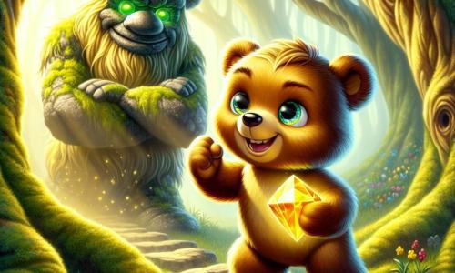 Barnaby, a young teddy bear with shiny golden fur, stands bravely in front of the Heartstone, a glowing gem, with sparkling eyes of excitement and determination. He raises a paw toward the stone, ready to touch it, while a confident smile lights up his face. Beside him, Grumbold, a huge stone troll with a mossy beard and emerald eyes, watches proudly, arms crossed over his chest, displaying a benevolent smile. He stands slightly back, like a protector, ready to support Barnaby in his quest. The scene takes place in the Misty Glade, a magical place where light mist dances around large, gnarled trees, and brightly colored flowers grow between the roots. Sunlight filters through the foliage, creating golden glimmers on the moss-covered ground. Determined to protect his world, Barnaby prepares to touch the Heartstone, a symbol of courage and friendship, as a threatening shadow looms on the horizon, heralding the arrival of Malakar, the evil sorcerer.