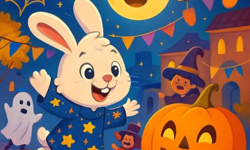 Un coniglietto di nome Benny, con un pelo morbido e bianco, indossa un costume scintillante con stelle dorate. Ha occhi brillanti di curiosità e un grande sorriso gioioso, ballando sotto la luce della luna. Accanto a lui, una grande zucca parlante, arancione con un volto amichevole e occhi scintillanti, sorride e illumina la scena con la sua luce calda. Sullo sfondo, bambini travestiti da fantasmi e streghe ridono e ballano, aggiungendo magia all'atmosfera festiva. Il luogo è una piazza incantevole decorata con lanterne colorate e ragnatele scintillanti, con alberi dalle foglie dorate. La scena principale mostra Benny e i suoi amici che celebrano Halloween, circondati da risate e gioia, in una notte stellata piena di sorprese.