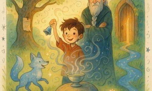 Hauptfigur: Emil, 9 Jahre, Lehrlingszauberer, sommersprossiges, braunes strubbeliges Haar, sanft-konzentriertes Lächeln, hält mit der rechten Hand eine kleine silberne Glocke, die er läuten lässt; Nebenfiguren: ein etwa 80-jähriger Hüter der Reliquien mit runziger Haut, geflochtener grauer Bart und dunkler Samtrobe, steht mit verschränkten Armen wohlwollend hinter Emil, und ein halbtransparenter silberner Fuchs mit rauchig schimmerndem Fell und welliger Schwanzfahne tollt zu seiner Linken; Schauplatz: die Lichtwiese, eine Lichtung mit hohem grünen Gras und leuchtenden blumenähnlichen Laternen, ein alter Apfelbaum mit Pergament an einem Ast, ein großer runder Felsen mit einer sanft rauchenden silbernen Schale, von flüsternden Bäumen zu einem Bogen geformt, am Rand eine alt Holzpforte, einen Spalt geöffnet, goldenes Licht fällt hindurch, und der Boden spiegelt winzige Sterne in einem schlängelnden Bach; Szene: Emil steht vor dem Felsen, Glocke erhoben, mutig lächelnd, umgeben von feinen schimmernden Schattenwirbeln, die sich beruhigen und weich zusammenziehen, während der Hüter zusieht und der Fuchs fröhlich wirbelt; Grafikstil: warme Pastellfarben mit Nachtblau-Akzenten, runde expressive Linien, Aquarelltexturen und feine weiße Doodles (Sterne, Noten, kleine Hände).