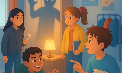 Hay cuatro niños: Leo, 11 años, pelo castaño despeinado, camiseta azul claro, sentado al borde de la cama a la derecha señalando el espejo del armario; Nora, 11 años, pelo castaño recogido con una goma rosa, chaqueta amarilla, de pie junto a la mesita sosteniendo una pequeña lámpara blanca; Dani, 11 años, pelo negro corto, sonrisa traviesa, sudadera verde, agachado delante del perchero haciendo con las manos la sombra de un monstruo; Salma, 11 años, pelo largo negro suelto, chaqueta gris oscuro, cuaderno y bolígrafo, de pie junto a la ventana observando la escena. El cuarto es luminoso con paredes azul pálido, suelo de madera clara, un gran armario con puertas espejo al fondo, un perchero metálico con chaquetas a la derecha, una mesita de noche con una lámpara que emite luz miel y posters de estrellas sobre el escritorio. Los cuatro hacen una “expedición de luz” de día para mostrar que las sombras familiares no dan miedo: la luz suave revela las formas, las sombras del perchero son alargadas pero reconocibles, con expresiones de curiosidad y confort, colores cálidos y contrastes suaves.