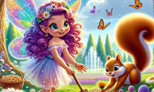 En un jardín encantado, una pequeña hada llamada Lila, con alas brillantes de colores del arcoíris, está plantando semillas con una gran sonrisa en su rostro. Sus largos y rizados cabellos de un violeta brillante flotan suavemente en el viento primaveral. A su lado, un travieso ardillón llamado Nino, con pelaje marrón y ojos chispeantes de curiosidad, rastrilla el suelo con su pequeña cola en forma de penacho, mostrando una expresión alegre y entusiasta. El jardín está lleno de flores coloridas, margaritas blancas, violetas moradas y caléndulas doradas, rodeadas de exuberante vegetación y majestuosos árboles, bajo un cielo azul claro salpicado de nubes esponjosas. La escena principal muestra a Lila y Nino preparándose para la fiesta de la primavera, con semillas esparcidas a su alrededor y risas resonando en el aire, simbolizando el asombro y la magia de esta nueva temporada.