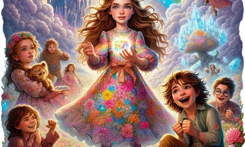 În centrul imaginii, o fetiță de 12 ani pe nume Lila, cu părul lung ondulat de culoare castanie deschisă, poartă o rochie colorată cu motive florale. Ea are o expresie de curiozitate și excitație, ținând în mână o piatră strălucitoare care emite o luminozitate blândă. În dreapta ei, Tobi, un băiat de 12 ani cu părul zbârlit și ochelari rotunzi, stă pe un trunchi de copac, luptând să-și țină ochii deschiși, cu un zâmbet visător pe față. În stânga, Miri, o fetiță de 11 ani cu părul creț și un zâmbet larg, râde cu brațele ridicate, ca și cum ar povesti o glumă. În fundal, un castel plutitor în nori, făcut din nori pufoși și strălucitori, se înalță măreț, înconjurat de un pod arc-en-ciel vibrant. Scena ilustrează cum Lila și prietenii ei descoperă magia prieteniei, stând împreună, pregătiți să trăiască o aventură fantastică.