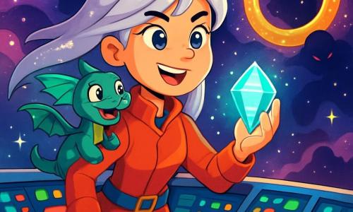 La capitana Lyra es una mujer valiente con largos cabellos plateados que flotan como estrellas fugaces. Sus ojos brillan de emoción y determinación mientras sostiene una piedra mágica y brillante en su mano. Se encuentra en el puente de su nave espacial, rodeada de luces coloridas y controles futuristas. A su lado, Zígor, un pequeño dragón espacial de escamas verde esmeralda y ojos traviesos, agita sus alas con entusiasmo, listo para acompañarla en la aventura. Está posado en el hombro de Lyra, mirando con curiosidad el paisaje estrellado. El lugar es un vasto espacio intergaláctico, lleno de nebulosas brillantes en tonos violetas, rosas y azules, con estrellas centelleantes que bailan a su alrededor. Al fondo, el misterioso Anillo de las Estrellas Dormidas brilla con un resplandor dorado, evocando un portal mágico. La situación principal muestra a Lyra, decidida y emocionada, preparándose para activar el portal que podría realizar deseos, mientras siente una ligera inquietud ante la sombra amenazante que se perfila en el espacio.