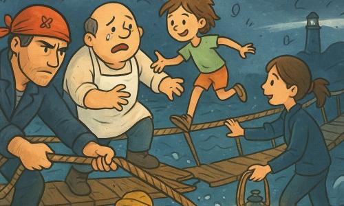 Un bărbat numit Radu, cu fața serioasă și privire hotărâtă, poartă un bandană pictată cu un fluture roșu și o jachetă de marinar uzată; trage cu putere de frânghia unui pod de funii. Lupu, bucătar mare cu fața rotundă și mâini tremurânde, cu lacrimi în ochi, e în mijlocul podului, cu o scândură ruptă sub un picior, întinzând mâna spre Radu. Ana, o fetiță de circa 10 ani, cu păr scurt zburlit, mică și agilă, sare pe pod arătând drumul și încurajând privindu-se înapoi. Mira, în jur de 30 de ani, timonieră cu coadă de pește, ține o lanternă cu lumină caldă lângă prova unei bărci mici legate de marginea podului, pregătită să ajute. Dan, pescar bătrân de circa 60 de ani, cu geacă ceruită și nas cârn, trage o frânghie de pe plaja stâncoasă, cu picioarele în spumă, pentru a stabiliza podul. Locul: un pod îngust de funii deasupra unei mări furtunoase, valuri lovesc stâncile negre, spumă albă, cer nocturn cu lună argintie și un far albastru pâlpâind. Situația: o salvare dramatică și tandră — scânduri trosnesc, frânghii vibrează, gesturi de solidaritate; contrast între frigul mării și căldura fețelor luminate de lanternă.