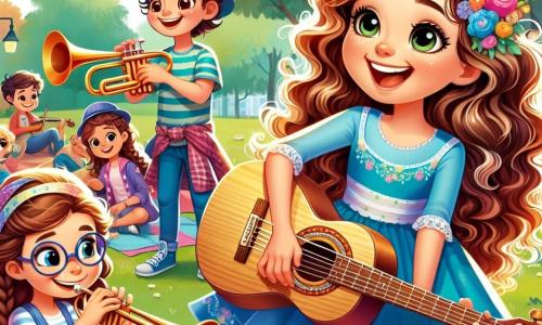 Clara, una joven de cabello largo y rizado, lleva un vestido azul brillante. Sonríe con entusiasmo, sosteniendo una guitarra de madera, lista para cantar. Sus ojos brillan de alegría y emoción. A su lado, un niño de unos 10 años, con gafas y una gorra, toca la trompeta, luciendo concentrado y feliz. Otra niña de 9 años con trenzas toca el violín, con los ojos cerrados, perdida en la melodía. La escena transcurre en un parque soleado, rodeado de árboles de hojas verdes vibrantes y flores coloridas. Niños sentados en mantas escuchan atentamente, mientras los adultos sonríen disfrutando de bebidas. Clara y sus amigos están ensayando para un concierto, compartiendo risas y notas musicales, creando una atmósfera alegre y cálida, llena de creatividad y amistad.