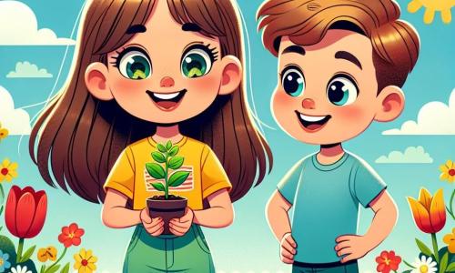 Una niña de 10 años, Lucía, está en el centro de la imagen, con largos cabellos castaños y ojos brillantes de alegría. Lleva una camiseta amarilla y pantalones cortos, sonriendo ampliamente mientras sostiene una pequeña planta verde que cultivó en su jardín. A su lado, su amigo Tomás, un niño de 10 años con cabello castaño y camiseta azul, mira la planta con admiración, con las manos en las caderas, lleno de entusiasmo. El escenario es un jardín floreciente, lleno de flores coloridas: tulipanes rojos, margaritas blancas y girasoles amarillos que se elevan hacia el cielo azul. Al fondo, se ve un cielo soleado con algunas nubes blancas esponjosas. La situación principal muestra a Lucía y Tomás celebrando la belleza de la naturaleza, rodeados de vegetación, mientras comparten su pasión por la jardinería y la primavera, creando una atmósfera alegre y llena de vida.
