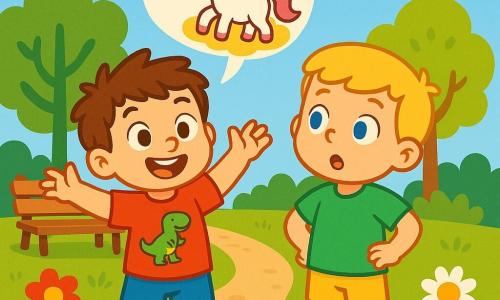 Un ragazzo di 4 anni, di nome Matteo, con capelli castani disordinati e occhi pieni di curiosità, si trova al centro dell'immagine. Indossa una maglietta rossa con un disegno di dinosauro e un pantaloncino blu, mostrando un ampio sorriso e alzando le braccia come se stesse raccontando una storia incredibile. Accanto a lui, il suo amico Alessandro, un ragazzo di 4 anni con capelli biondi e occhi blu, ascolta attentamente, con le mani sui fianchi e un'espressione di sorpresa sul volto. Indossa una maglietta verde e un pantaloncino giallo, mantenendosi leggermente in disparte, come se stesse riflettendo su ciò che Matteo ha appena detto. La scena si svolge in un parco soleggiato, con alberi verdi lussureggianti e fiori colorati che costeggiano un sentiero di terra. Si può vedere una panchina di legno e un cielo blu punteggiato di nuvole bianche e soffici, creando un'atmosfera gioiosa e accogliente. Matteo sta raccontando una storia fantastica su un unicorno, gesticolando con entusiasmo, mentre Alessandro, un po' scettico, si chiede se ciò che il suo amico dice sia vero.