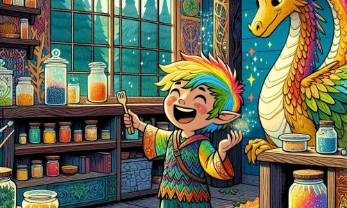 Lumen, un giovane folletto dai capelli colorati come un arcobaleno e dalla pelle scintillante, è in piedi in una cucina incantata, con un grande sorriso sul volto e gli occhi scintillanti di eccitazione, mentre tiene un mestolo di legno ed è circondato da ingredienti magici. Accanto a lui c'è Fiamma, un grande drago saggio con squame dorate e occhi calorosi, che si trova vicino al tavolo, guardando con orgoglio il suo piccolo folletto, con un sorriso tenero sul volto. La cucina è piena di colori vivaci, con pareti in legno intagliato, finestre che lasciano entrare la luce del sole e scaffali carichi di barattoli di spezie scintillanti. Lumen sta decorando una magnifica torta arcobaleno, piena di gioia e amore, pronto a celebrare la festa del papà con il suo papà drago.