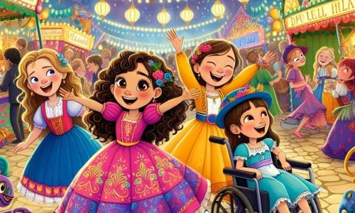 En un carnaval colorido, cuatro chicas están reunidas en el centro del escenario. Lucía, de 10 años con cabello rizado y ojos brillantes, lleva un vestido rosa y baila con entusiasmo. A su derecha, Valentina, de 9 años con cabello liso y una gran sonrisa, viste un atuendo amarillo y hace gestos alegres. A la izquierda, Clara, de 11 años con un sombrero colorido, se mueve con un bastón, radiante de felicidad. Finalmente, Sofía, de 10 años en silla de ruedas, lleva un vestido azul y ríe a carcajadas, rodeada de sus amigas. El lugar es un claro festivo, lleno de linternas brillantes y decoraciones coloridas. Hay puestos de comida con aromas deliciosos y un gran dragón de papel maché con escamas brillantes cuida el escenario. Personajes fantásticos bailan alrededor, añadiendo a la atmósfera mágica. Las cuatro amigas bailan juntas, sus rostros iluminados por la alegría y la emoción, celebrando el descubrimiento de la Risa Perdida, rodeadas de risas y música festiva.